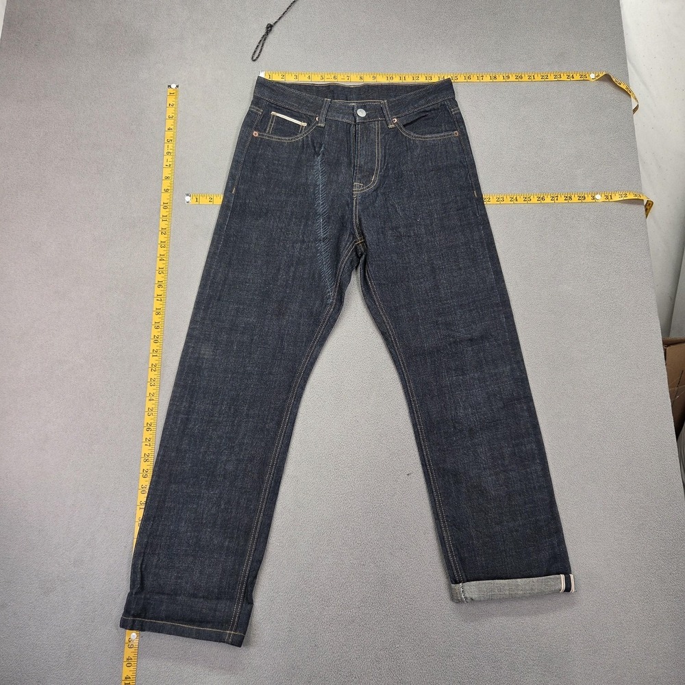 Raw Selvedge Jeans Mens Dark Indigo Blue Straight Denim‎ Repaired Fits 29x27